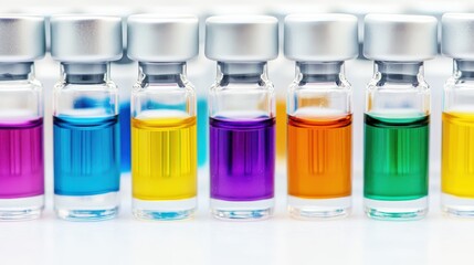 A vibrant row of glass vials filled with colorful liquids, showcasing a spectrum from blue to yellow, emphasizing scientific experimentation and analysis.