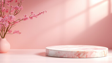 A sleek pink stone podium with subtle marble details, set against a warm gradient backdrop, perfect for luxury beauty branding and elegant displays