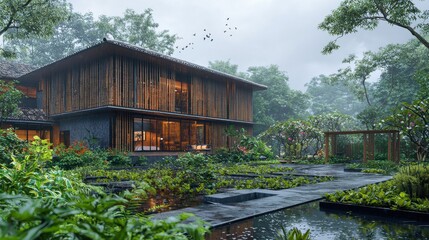 Sustainable home design featuring bamboo cladding and rainwater harvesting tropical landscape architecture eco-friendly concept