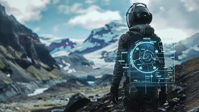 Astronaut wearing a helmet and spacesuit is exploring mountains with a brain computer interface visualizing abstract data
