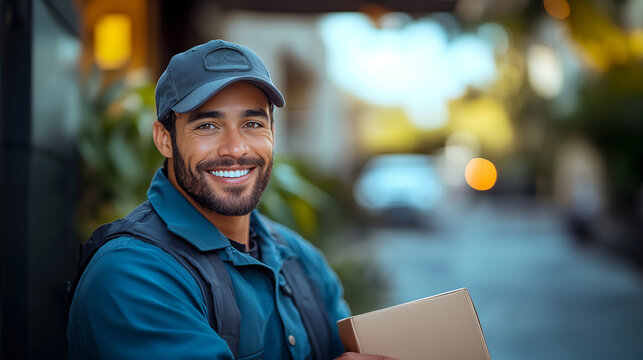 Portrait of a smiling delivery man holding a parcel in his hand