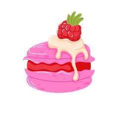 Pink macaroon with spreadable cream and raspberry on top in cartoon. Valentine Day design for bakery, cafe menu. Vector illustration isolated on a white background.