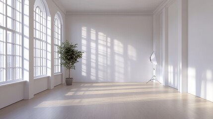Fototapeta premium A clean, empty studio with a photography lighting setup including softboxes, reflectors, and stands in a minimalist environment