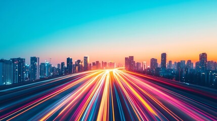 Obraz premium Blurred cityscape at dusk with warm glowing lights and high-speed traffic on the highway