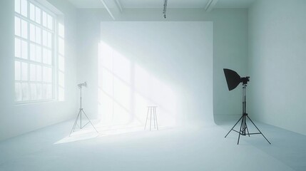 A clean, minimalist studio space with soft lighting equipment, a seamless white background, and adjustable tripods