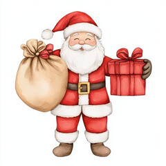 Fototapeta premium Cheerful Santa Claus holding gift and sack isolated on white background, ready for Christmas