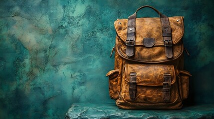 A brown leather backpack sits on a green surface