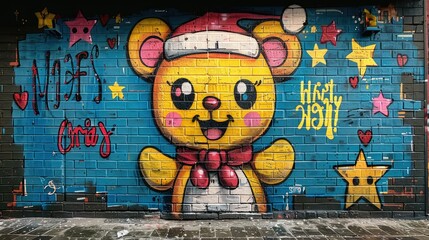 A colorful mural of a cheerful bear in a Santa hat, surrounded by stars and hearts.
