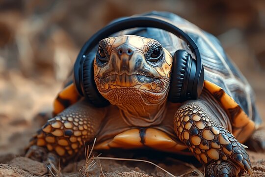Wise Tortoise Wearing Mini Headphones in Desert Environment with Slow and Steady Vibes