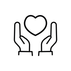 Outline safe home thin line vector icon with a heart in hands. Arms holding love sign and house roof shape.