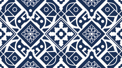 A blue and white Arabic design pattern with geometric shapes, including squares, triangles, and hexa