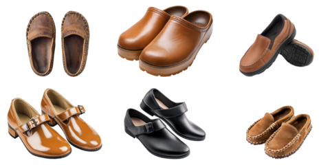Collection of many kinds of shoes isolated on white background