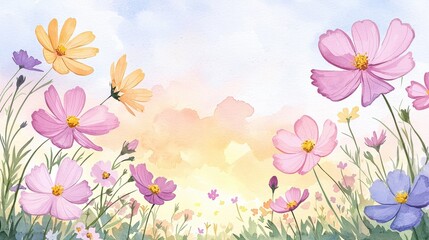 Fototapeta premium Vibrant sunrise illuminating colorful flowers nature scene digital art bright atmosphere low angle view serenity