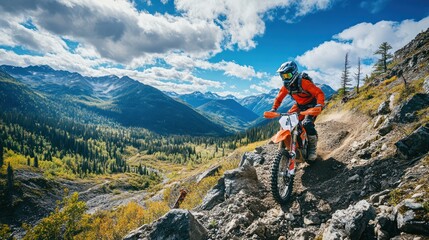 Fototapeta premium Motocross Rider Navigating Rocky Terrain in a Mountainous Area, A dramatic photo of a rider maneuvering through rocky terrain, surrounded by a rugged mountain landscape. 