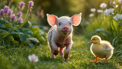 A cute piglet and duckling playfully interacting in a grassy field