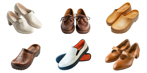 Collection of many kinds of shoes isolated on white background