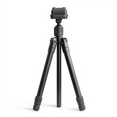A compact black camera tripod with adjustable legs and a sleek, minimalist design on a white background 