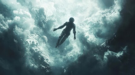 Generate a scene of an aerial artist suspended in the sky with exceptional flexibility, portrayed in a digital matte painting with stunning lighting effects