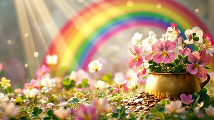 A rainbow leading to a pot of gold surrounded by clovers - Powered by Adobe