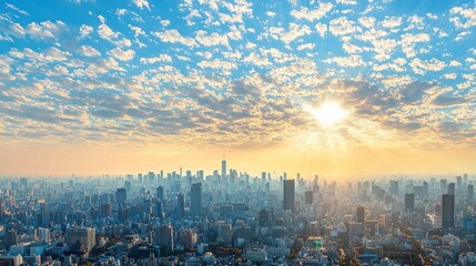 Obraz premium Scenic urban skyline with cumulus clouds cityscape aerial view sunny environment daytime atmosphere