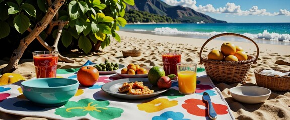 Fototapeta premium A beach scene with a basket of fruit and a blanket on the sand. The basket contains oranges and lemons, and there are several bowls of food on the blanket. Scene is relaxed and inviting