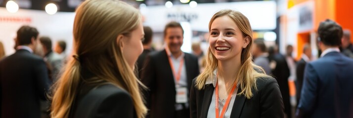 A young woman, full of enthusiasm, presents a new product at a crowded trade show, highlighting the momentum of a successful debut.