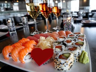 Sushi platter celebration modern restaurant food photography elegant atmosphere close-up view culinary delight