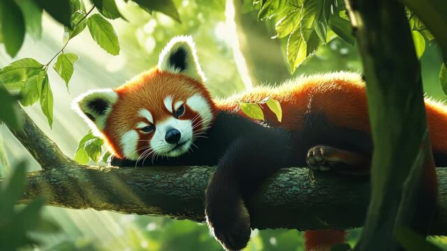 A red panda resting on a branch surrounded by fresh green