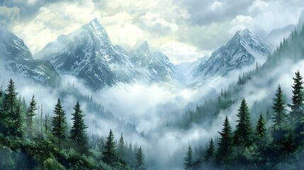 Fototapeta premium Misty Mountain Peaks: A Digital Painting of a Winter Landscape. AI Generated