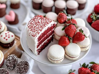 Delicious dessert display red velvet cake and macarons bakery celebratory event gourmet setting close-up sweet indulgence