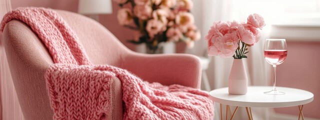 pink interior with flowers. Selective focus.