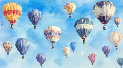 Colorful hot air balloons soaring above a watercolor sky vibrant art scenic landscape aerial view artistic concept