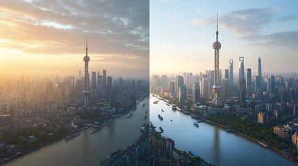 Obraz premium A visual comparison of air quality before and after the introduction of clean energy technologies in a city. 