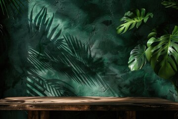 Empty table with monstera leaf shadow for product presentation.