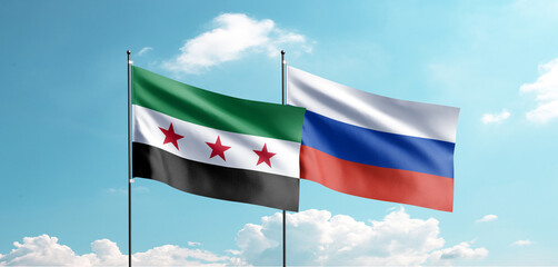 The new Syrian flag and Russia flag are waving in the sky