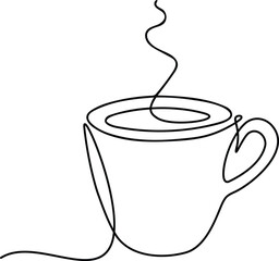 Continuous line drawing of teacup.  Tea or coffee cup black linear design isolated on white background. Hand drawn line art minimalist design. Coffee break, tea time concept. Vector illustration