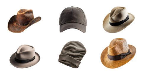Collection of many kinds of hats isolated on white background