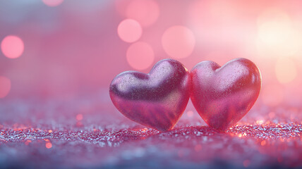 Obraz premium Romantic Valentine's Concept with Two Hearts on a Glittery Pink Background