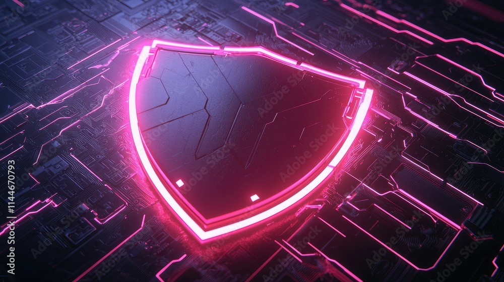 Poster 3D-style shield with glowing edges on a dark, tech-inspired background 