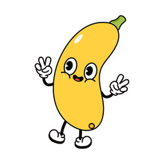 Jumping Yellow vegetable marrow character. Vector hand drawn traditional cartoon vintage, retro, kawaii character illustration icon. Isolated white background. Yellow vegetable marrow character