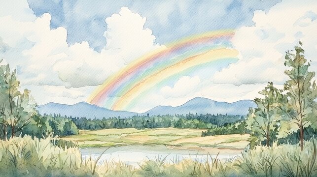 Vibrant double rainbow over serene landscape watercolor art nature scene tranquil environment aesthetic viewpoint