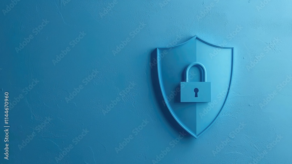 Poster simple shield and padlock design in blue, symbolizing cybersecurity