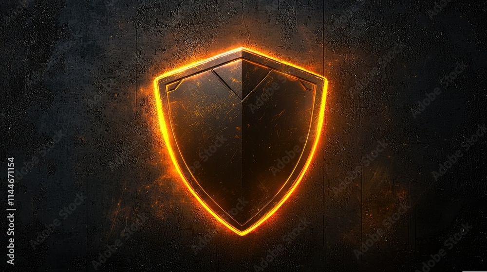 Poster 3D-style shield with glowing edges on a dark, tech-inspired background