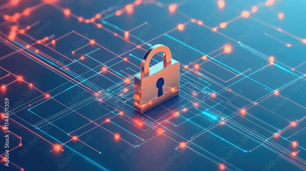 Poster illustration of data streams and a central lock icon, indicating secure concept