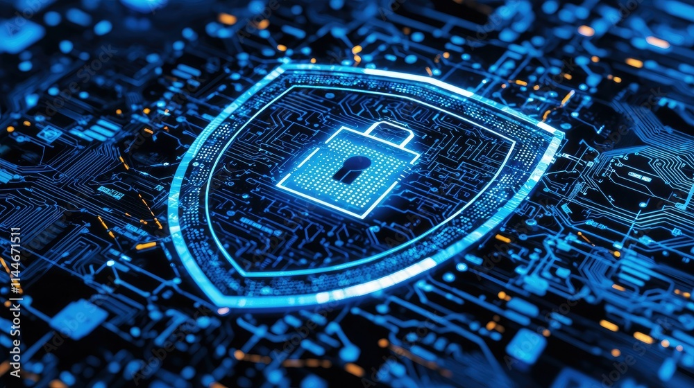 Poster illustrated shield surrounded by tech icons, emphasizing cybersecurity