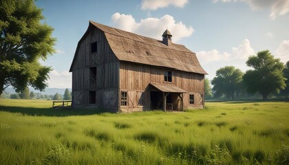Obraz premium Old rustic barn in the middle of a lush green meadow, landscape, countryside