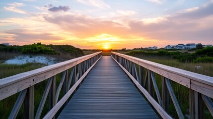 Fototapeta premium Serene Wooden Boardwalk Leads to Stunning Sunrise over Peaceful Landscape