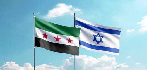 The new Syrian flag and Israel flag are waving in the sky