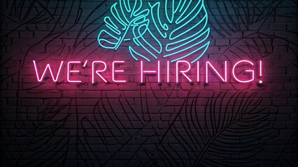"We're Hiring" Neon Text Over a Vibrant Neon Pattern on a Dark Background, Bold and Colorful Job Advertisement for Digital Marketing and Recruitment Campaigns