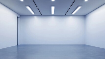 A professional photography studio setup with empty space, overhead LED lights, and a plain white wall for portrait sessions